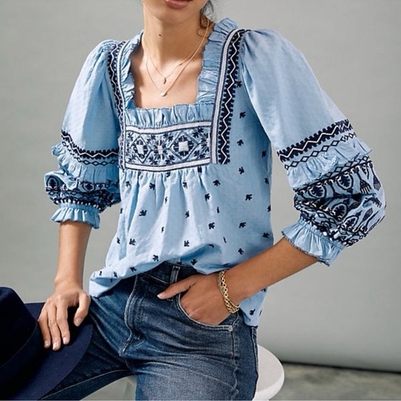 Anthropologie Tops - Anthropologie - Seen Worn Kept Mary Embroidered smocked Peasant Blouse - Size 6